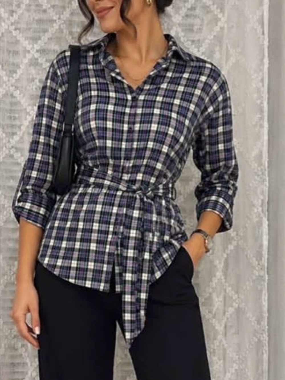 Plaid Tie-Waist Button-Up Shirt - Black/Navy